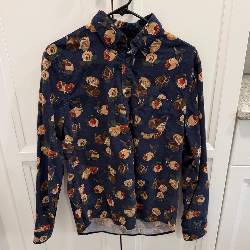 Express corduroy flower print corduroy shirt in navy blue